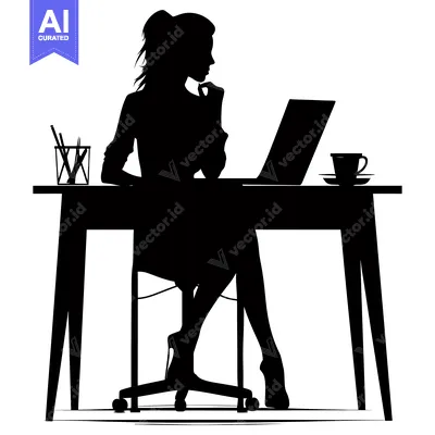 Aset desain premium: Silhouette of a woman working at a desk with a laptop, a cup of coffee