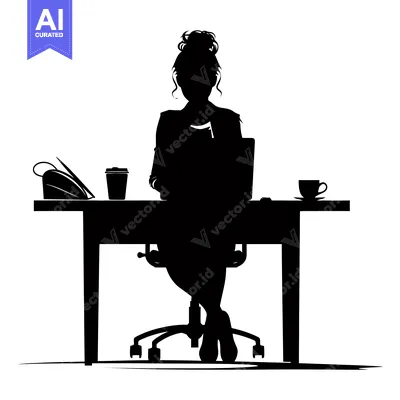 Aset desain premium: Silhouette of a Woman Working at a Desk with a Laptop and Coffee