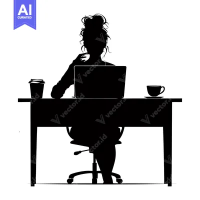 Premium design asset: Silhouette of a Woman Sitting at a Desk with a Laptop and Coffee Cups