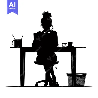 Popular premium asset: Silhouette of a woman working at a desk with a laptop, coffee, and a w