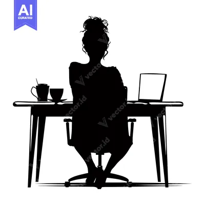 Aset premium populer: Silhouette of a woman working at a desk with a laptop and a cup of cof