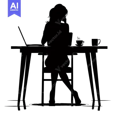 Silhouette of a Woman Sitting at a Desk with a Laptop and Coffee