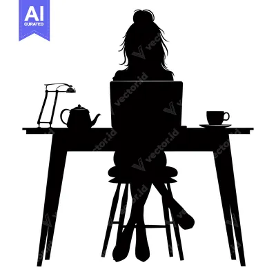 Premium design asset: Silhouette of a Woman Working at a Desk with a Laptop, Teapot, and Cup