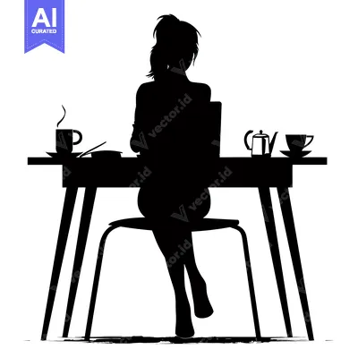 Aset desain premium: Silhouette of a Woman Sitting at a Desk with a Cup of Coffee, a Teapot