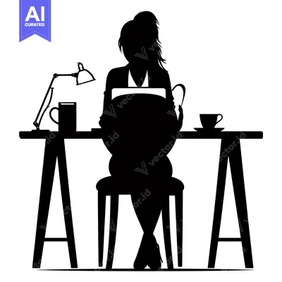 Premium design asset: Silhouette of a Woman Working at a Desk with a Lamp and a Mug
