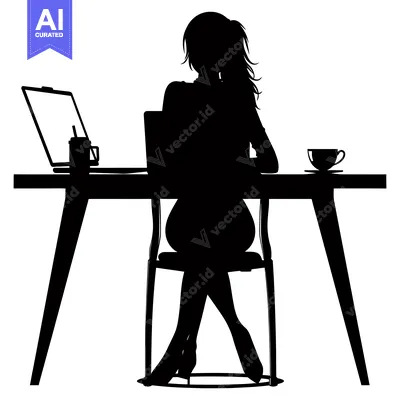 Aset premium populer: Silhouette of a Woman Working at a Desk with a Laptop and Coffee