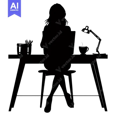 Popular premium asset: Silhouette of a Woman Working at a Desk with a Cup of Coffee
