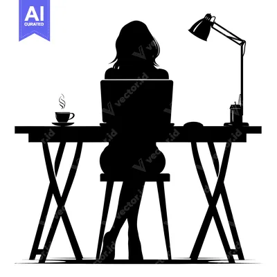 Aset desain premium: Silhouette of a Woman Working at a Desk with a Laptop, Cup of Coffee,