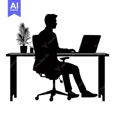 Aset desain premium: Silhouette of a Person Sitting at a Desk Working on a Laptop