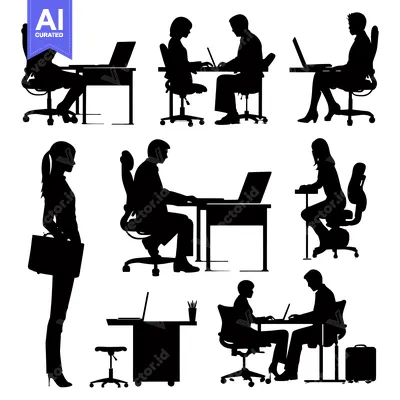 Aset desain premium: Silhouettes of People Working at Desks with Laptops