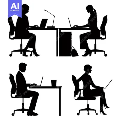 Premium design asset: Four Silhouettes of People Working at Desks with Laptops