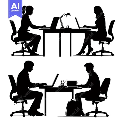Aset premium populer: Silhouette of four people working at desks with laptops