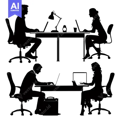 Premium design asset: Four Silhouettes of People Working at Desks with Laptops