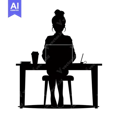 Aset premium populer: Silhouette of a Woman Working at a Desk with a Laptop