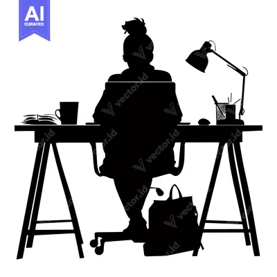 Aset desain premium: Silhouette of a Woman Working at a Desk with a Laptop
