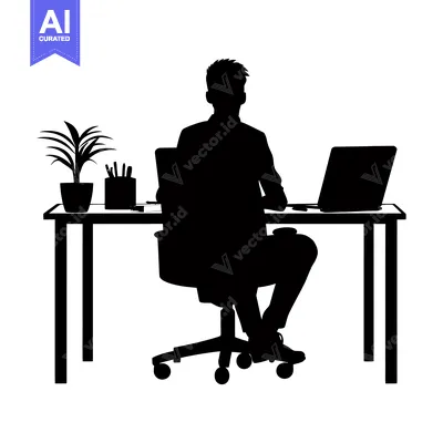 Aset premium populer: Silhouette of a Person Sitting at a Desk Working on a Laptop