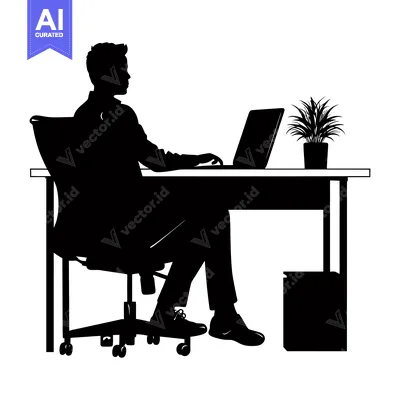 Aset premium populer: Silhouette of a Man Sitting at a Desk with a Laptop and a Plant