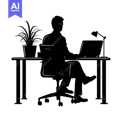 Aset desain premium: Silhouette of a person sitting at a desk with a laptop, plant, and lam