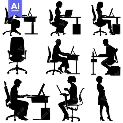 Aset desain premium: Silhouettes of People Working at Desks and Chairs
