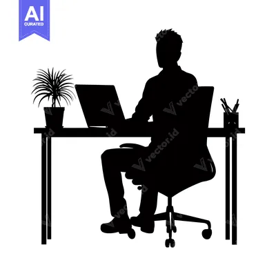 Aset desain premium: Silhouette of a Person Sitting at a Desk with a Laptop