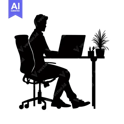 Aset desain premium: Silhouette of a man working on a laptop at a desk