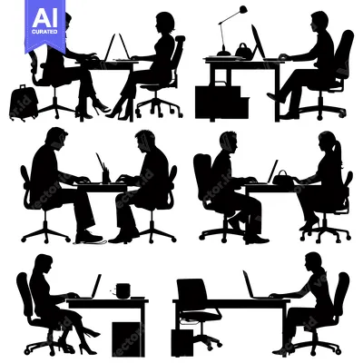 Silhouettes of People Working at Desk with Laptops and Computers