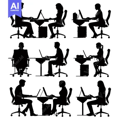 Aset desain premium: Six Black Silhouettes of People Working at Desk Chairs