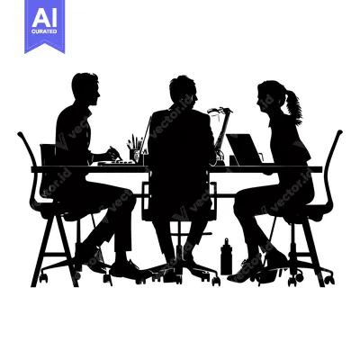 Aset desain premium: Three Silhouettes of People Sitting at a Table in an Office Setting