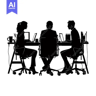 Aset desain premium: Silhouette of three people working at a desk with laptops