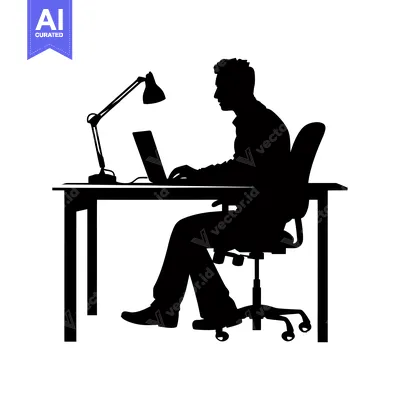 Aset premium populer: Silhouette of a Man Working at a Desk with a Laptop and Desk Lamp