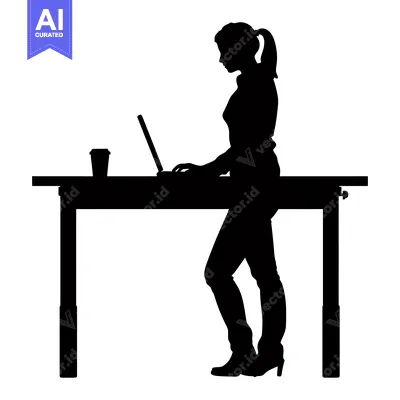 Silhouette of a woman using a laptop at a standing desk
