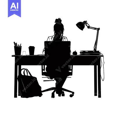 Aset desain premium: Silhouette of a Woman Working at a Desk with a Laptop