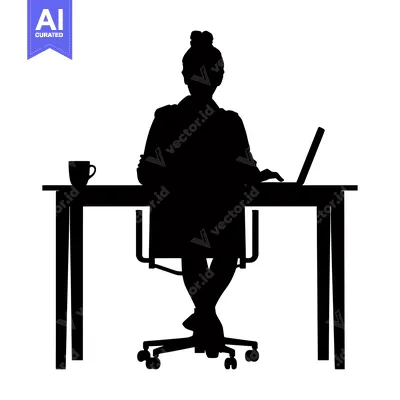 Aset desain premium: Silhouette of a Woman Working at a Desk with a Laptop and Coffee Mug