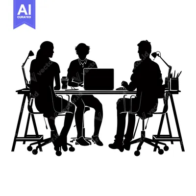 Aset premium populer: Three Silhouettes of People Sitting at a Desk with a Laptop