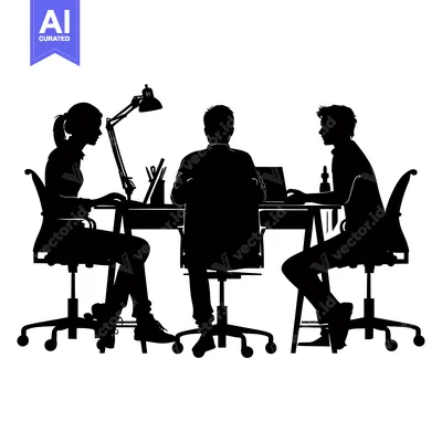Premium design asset: Three People Working at a Desk in Silhouette