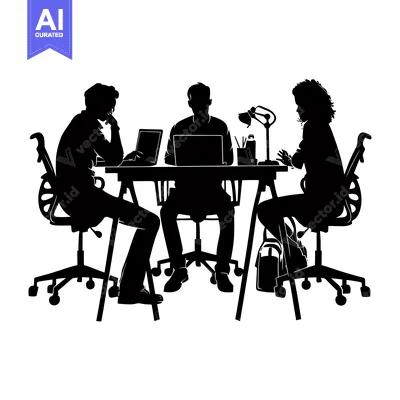 Premium design asset: Three Silhouettes of People Working at a Desk with Laptops