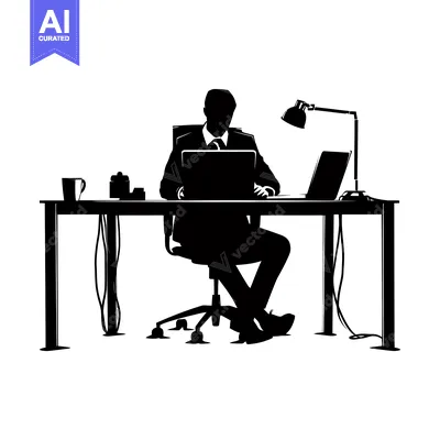 Aset premium populer: Silhouette of a Man Sitting at a Desk Working on a Laptop