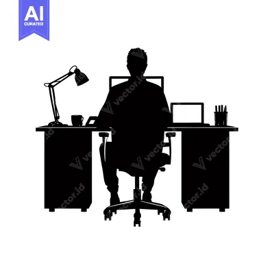 Aset premium populer: Silhouette of a Person Sitting at a Desk with a Lamp, Cup, and Pen Hol