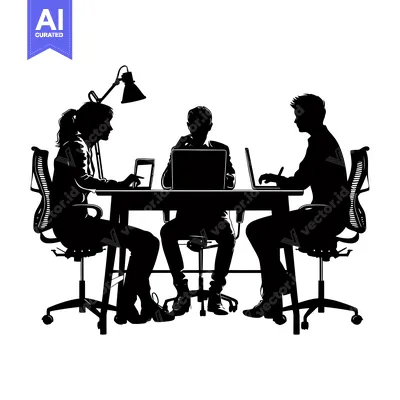 Aset premium populer: Three Silhouettes of People Sitting at a Desk Using Laptops and Tablet