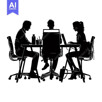 Popular premium asset: Silhouette of three people sitting at a table with laptops and chairs