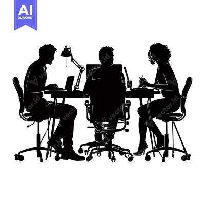 Aset desain premium: Silhouettes of three people working at a desk with laptops and a desk