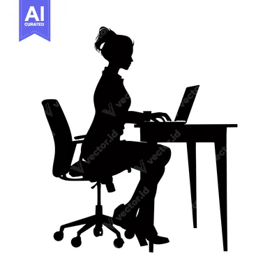Aset desain premium: Silhouette of a Woman Sitting at a Desk and Using a Laptop