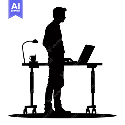 Aset desain premium: Silhouette of a Man Standing at a Standing Desk Working on a Laptop