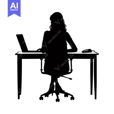 Aset desain premium: Silhouette of a Woman Working at a Desk with a Laptop and Mouse