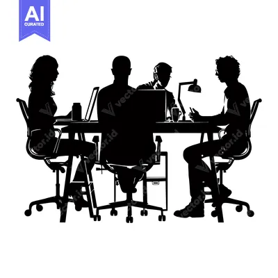Aset desain premium: Four Silhouettes of People Sitting at a Desk with Laptops