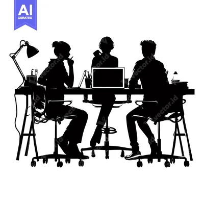 Aset premium populer: Three Silhouettes of People Sitting at a Table with a Laptop