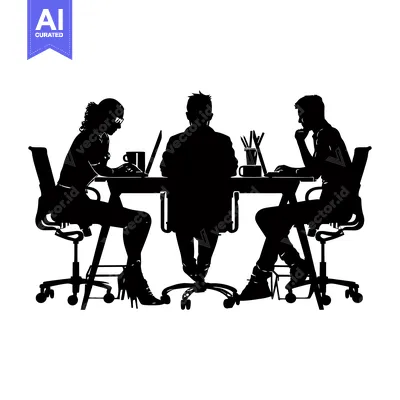 Aset premium populer: Silhouettes of Three People Working at a Desk with Laptops