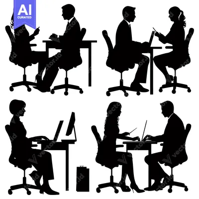 Aset premium populer: Silhouettes of Business People Working at Desks and Using Laptops