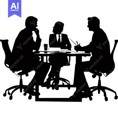 Aset desain premium: Silhouettes of Three People Seated at a Table in an Office Setting