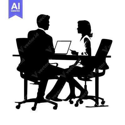 Aset desain premium: Silhouettes of a Man and Woman Sitting at a Desk with a Laptop